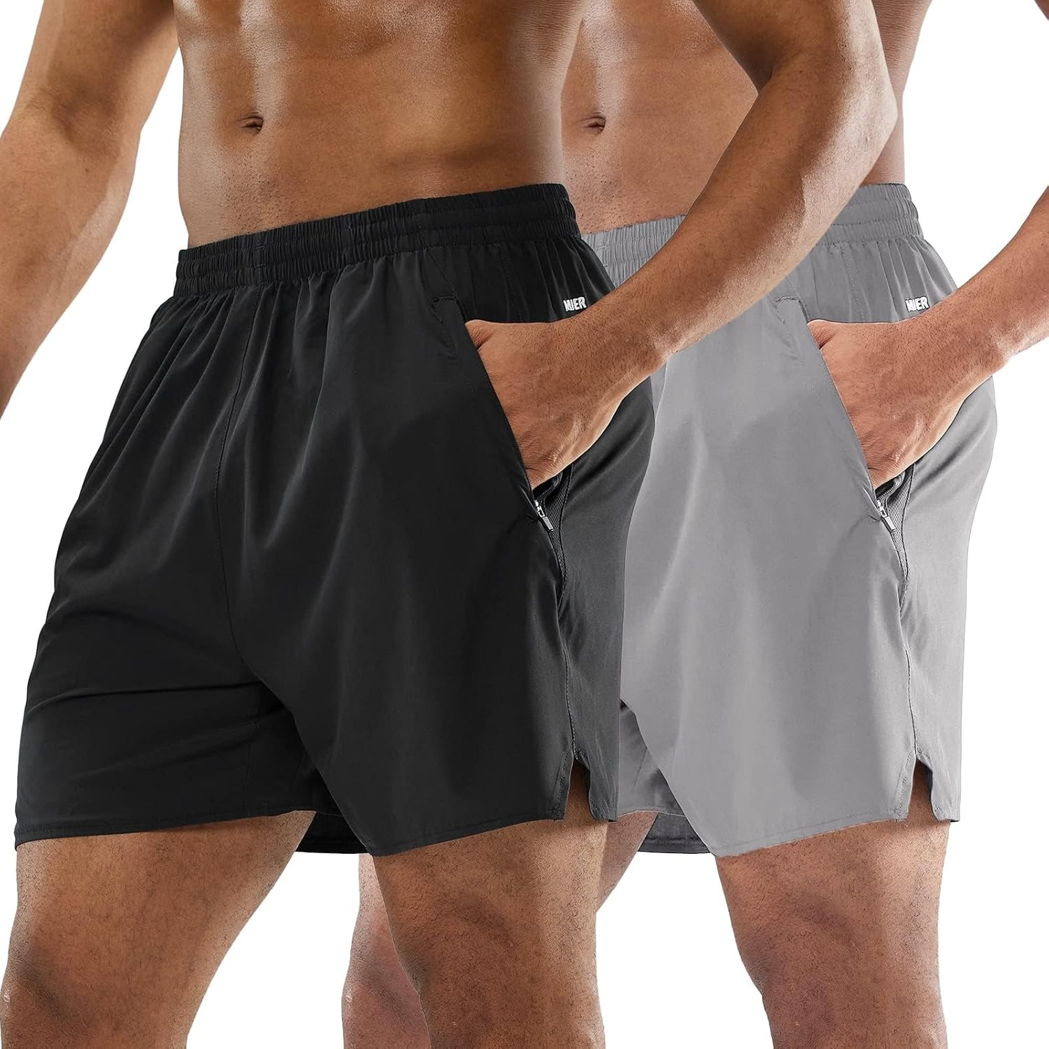 MIER 2 Pack Men's 5 Inch Athletic Running Shorts Lightweight Breathable Workout Gym Shorts with Zipper Pockets, No Liner