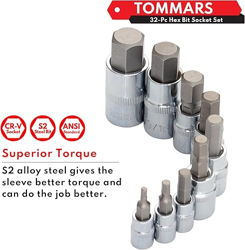 Miniatura 6 de TOMMARS Juego de llaves hexagonales Master Allen de 32 piezas, SAE y métrica Allen Allen, juego de llaves hexagonales S2 de acero de 14 pulgadas, 38