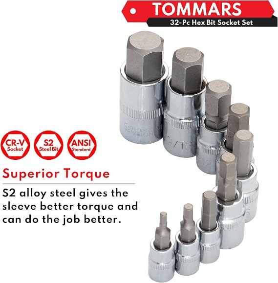 TOMMARS 3/8 Drive Stubby Ratchet with 32-PC Master Hex Bit Socket Set
