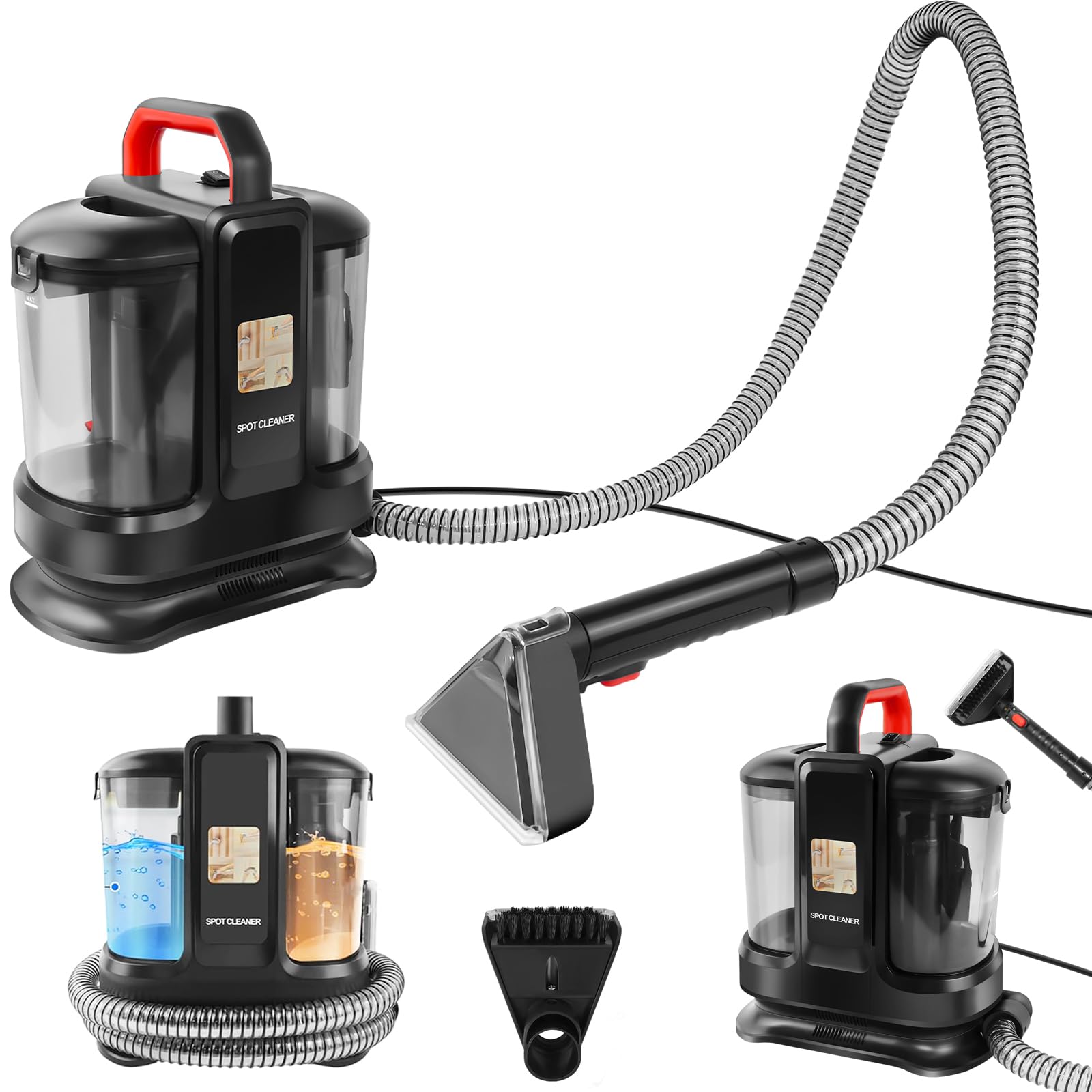 Carpet and Sofa Cleaner Machine with Dual Water Tank, 450W Electric Spot Cleaner, Clean Up Spills & Pet Messes from Carpets, Stairs, Upholstery & Car Seats, Portable Compact Floor Stain Remover, Black