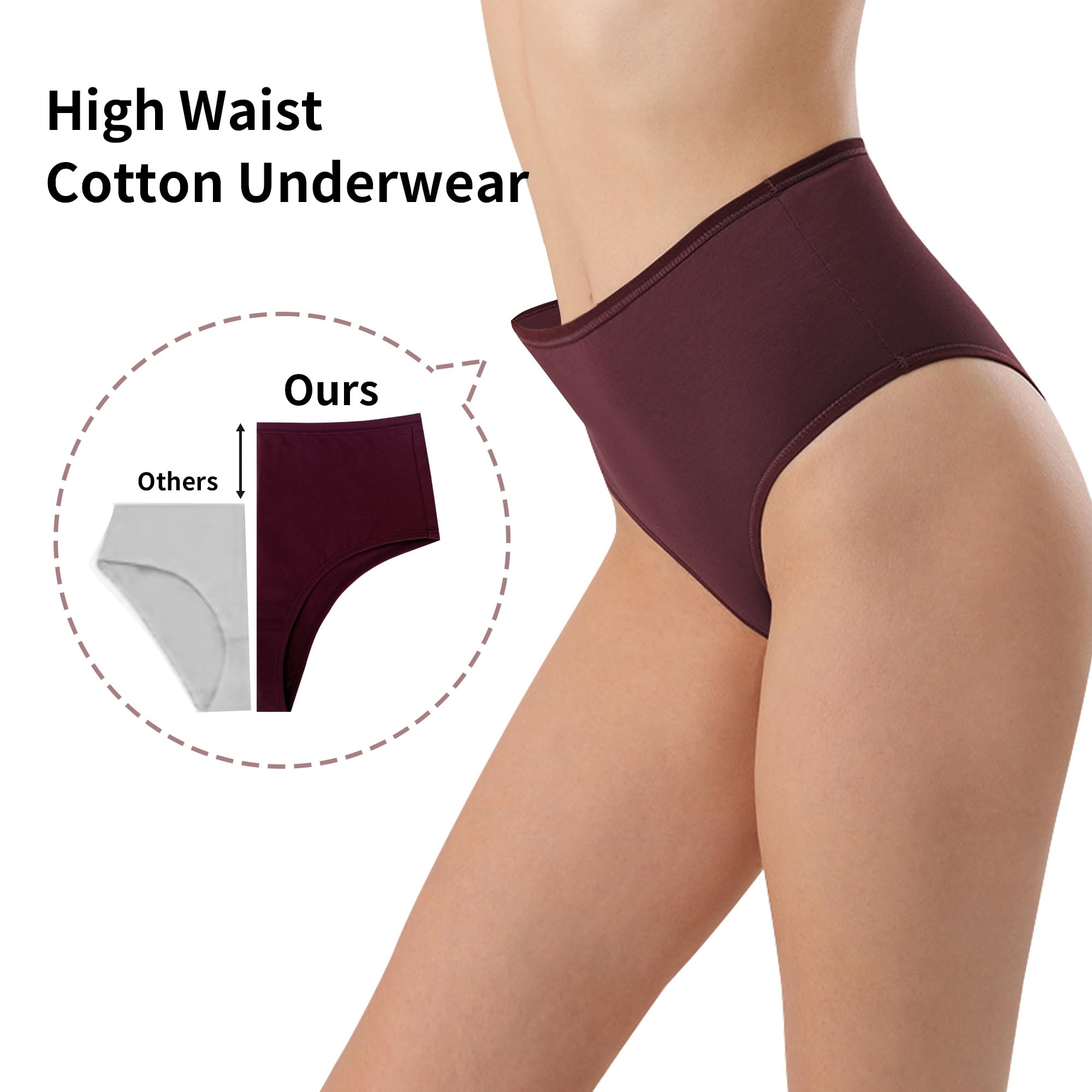 Slip mit hoher Taille, Bauchkontrolle für Damen, weiche Baumwolle, hoch geschnitten, Beige, Weinrot, Marineblau, 3er-Pack, Größe L