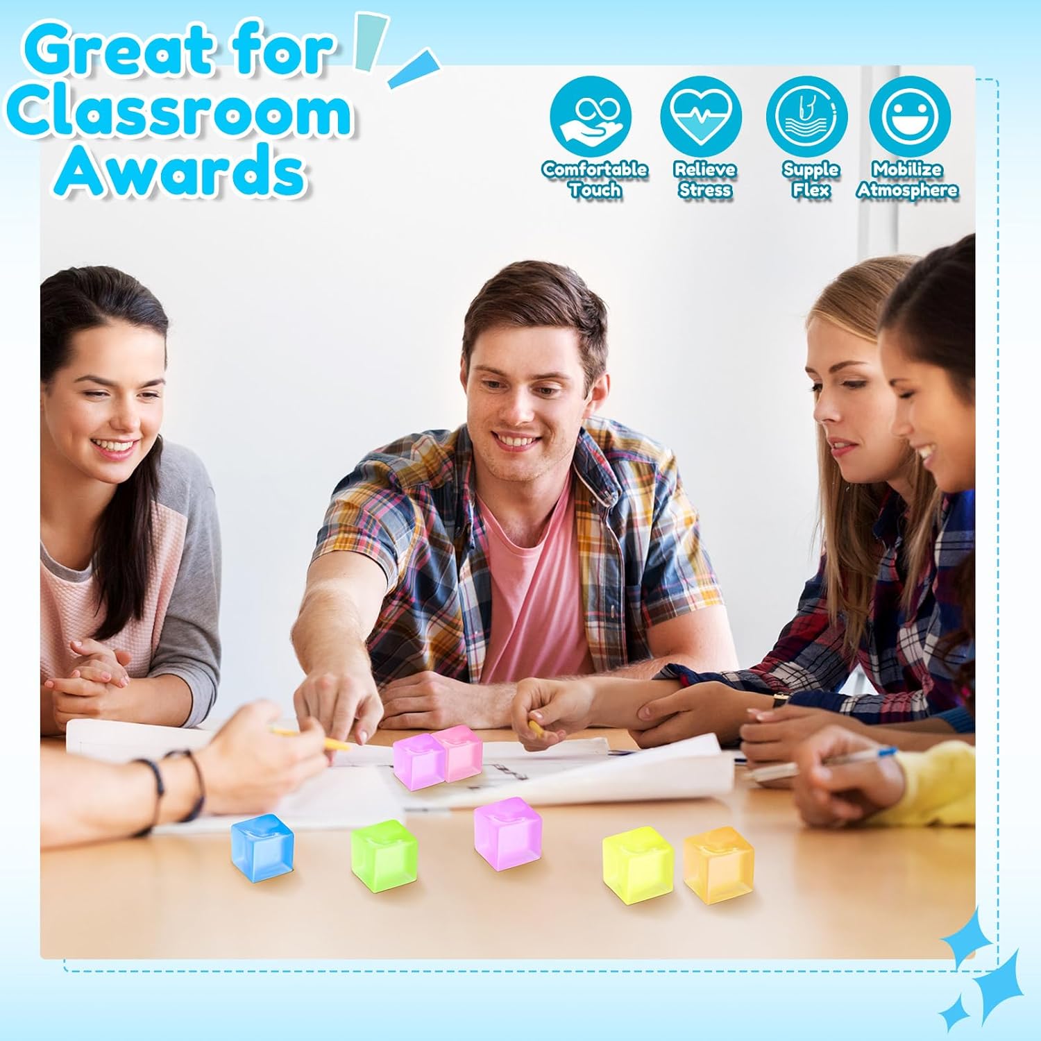 96 Pcs Mini Ice Cube Stress Balls Fidget Toys Bulk Squeeze Square Ball Sensory Toys Stress Relief Ice Cube for Small Prize Birthday Party Favor Bags Box Filling, 6 Colors - Image 6