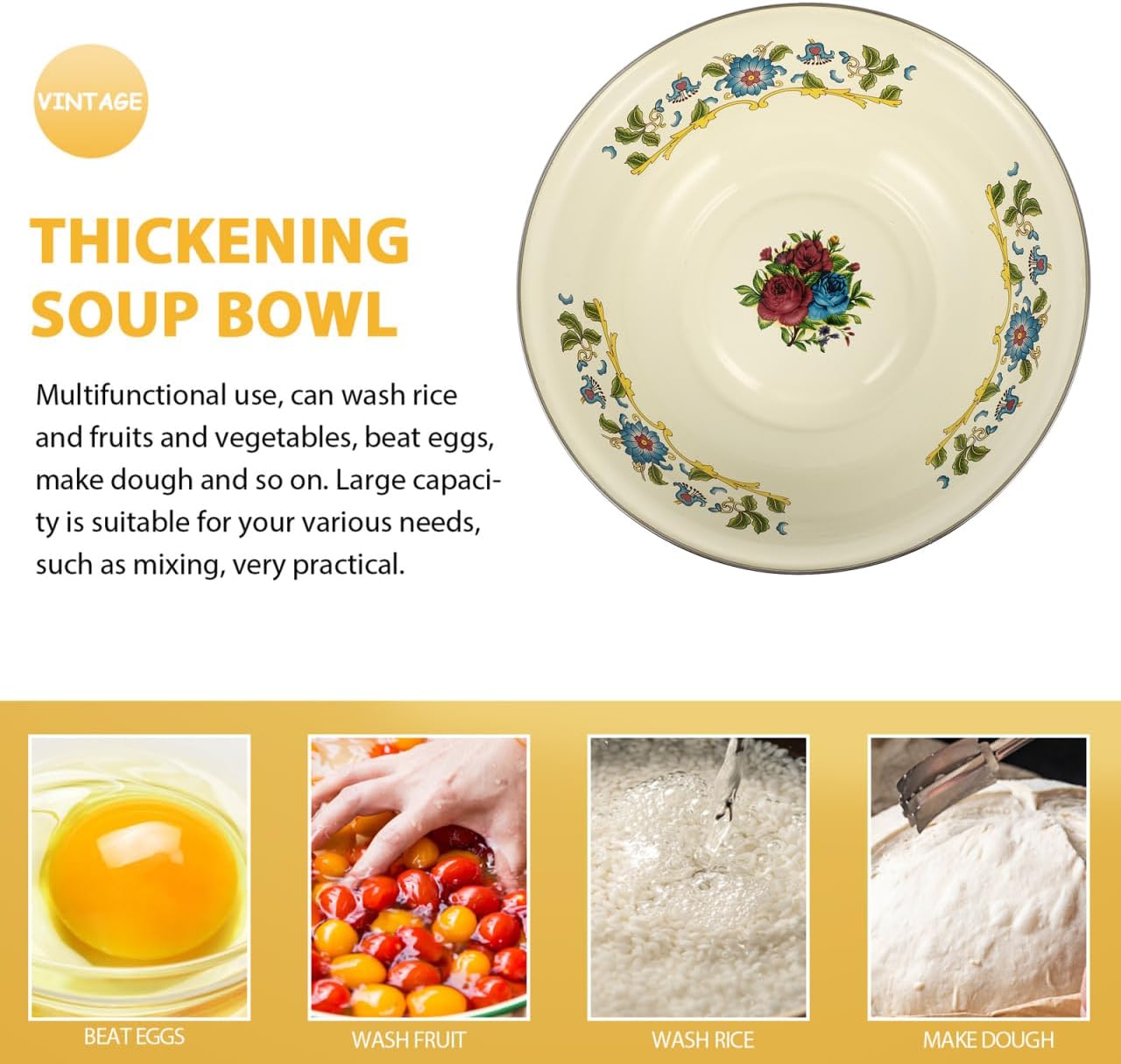 DOITOOL Vintage Mixing Bowl Enamel Bowl Vintage Enamelware Salad Mixing Bowl Enamel Washing Basin Soup Basin Soup Bowl Round Serving Tray for Home (Random Color)