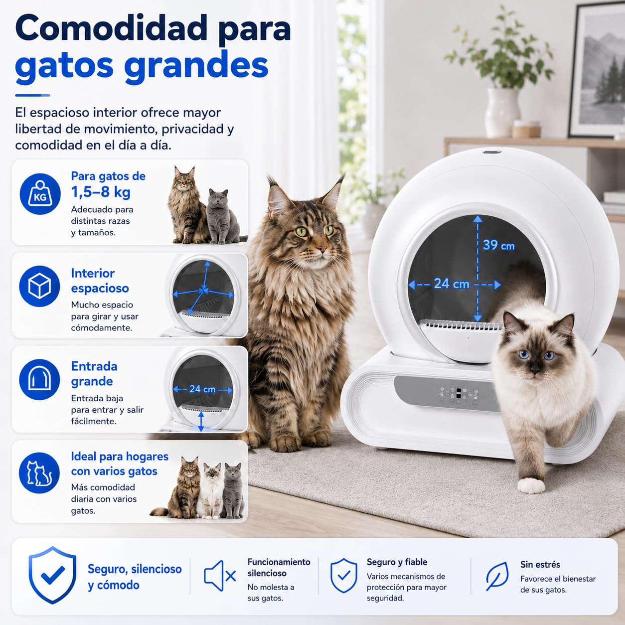 Arenero Gatos Autolimpiable XXL 65L+9L, Arenero Automatico con Control App WiFi 2.4GHz, Monitorización de Peso y Actividad, Sistema Antiodor, para Varios Gatos 1-8 kg (H)
