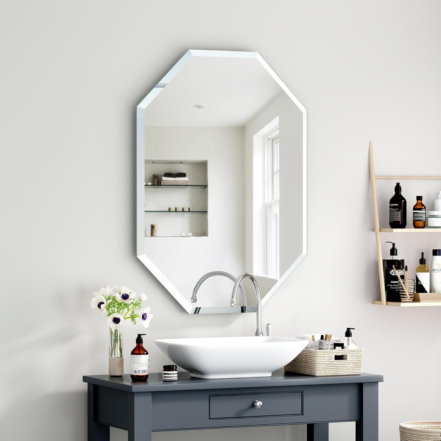 Bathroom Mirror 24" x 32" Frameless Octagon Mirror Beveled Edge Wall Mirror, Anti-Rust, Hangs Horizontally or Vertically Silver 32"L x 24"W