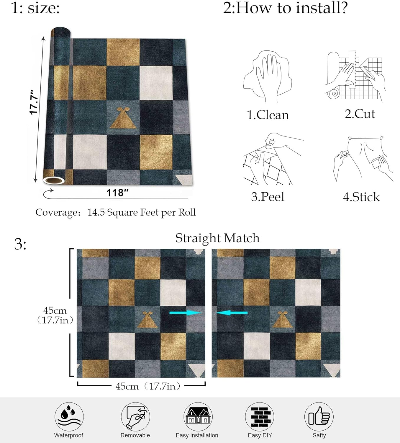 Geometric Checkered Peel and Stick Wallpaper, Modern Gold and Blue Square Pattern Wallpaper for Home Decor | 17.7" x 118", Self-Adhesive, Waterproof Vinyl