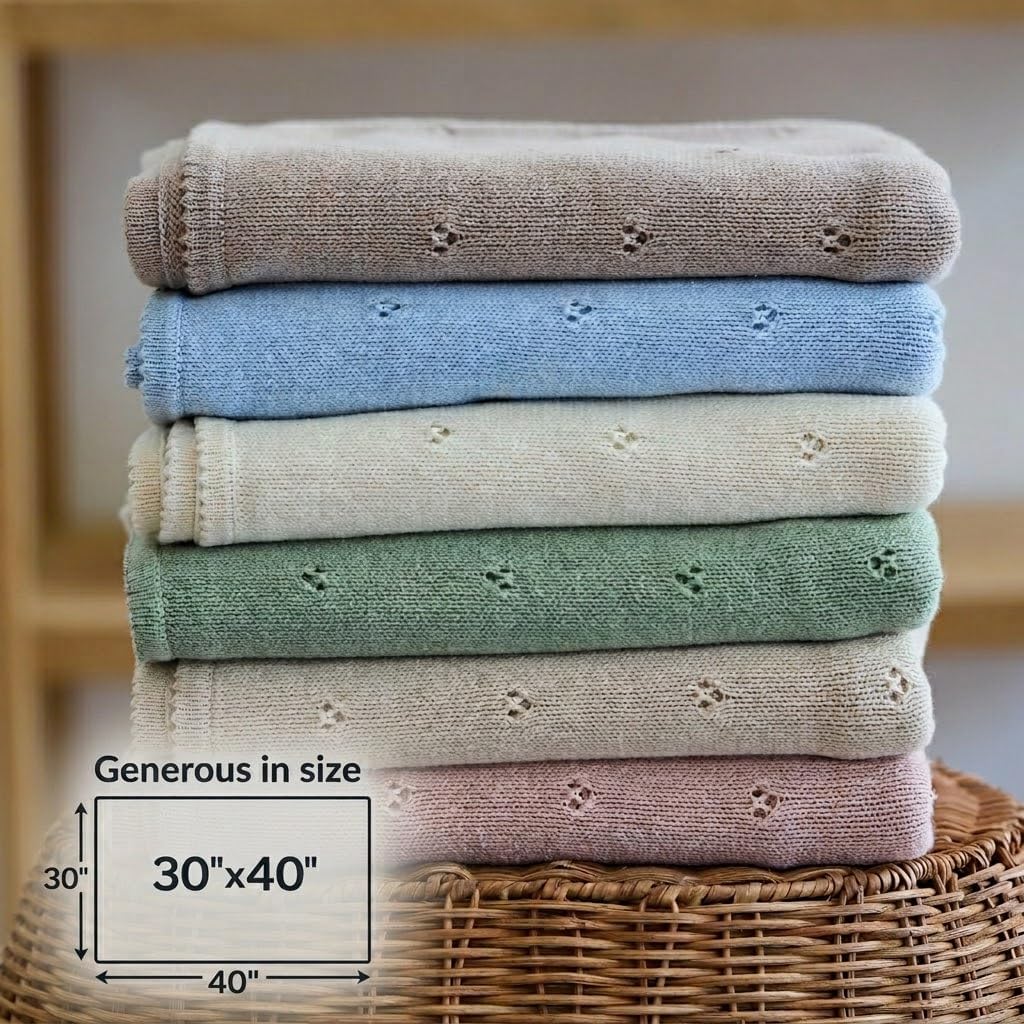 100% Organic Cotton Knit Baby Blanket for Boys and Girls- Pointelle Swaddle Blanket - 40" x 30" Soft Receiving Blanket for Newborn - Lightweight Heirloom Nursery Knit Blanket for Babies (Mochachino)
