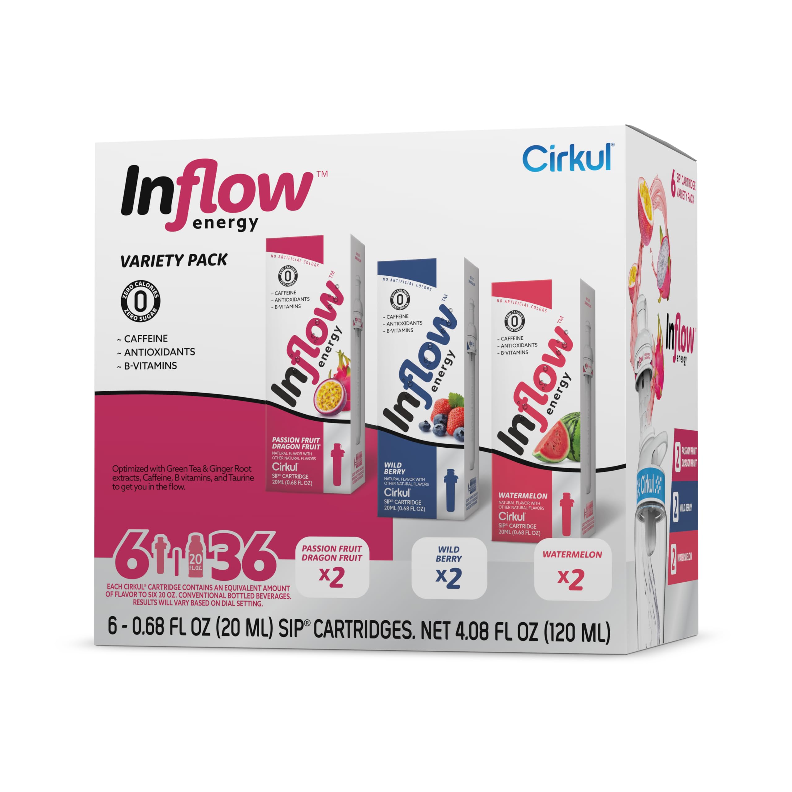 CirkulInflow Energy Caffeine Flavor Water Variety Pack, Makes 36 Drinks, No Sugar, Zero Calorie Drink Mix, (2 Passion Fruit Dragon Fruit, 2 Wild Berry, 2 Watermelon)