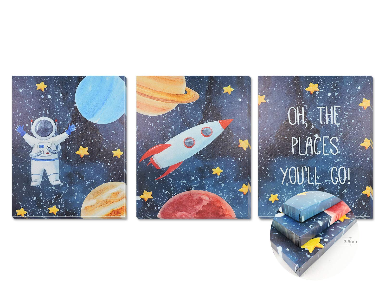 TIME HOME DEVELOPMENT Cuadros Infantiles de Lienzo Impreso con Bastidor para decoración Pared habitación Dormitorio niños - Pack tríptico 3 Cuadros con Bastidor Madera tamaño 40x50cm (Astronauta)