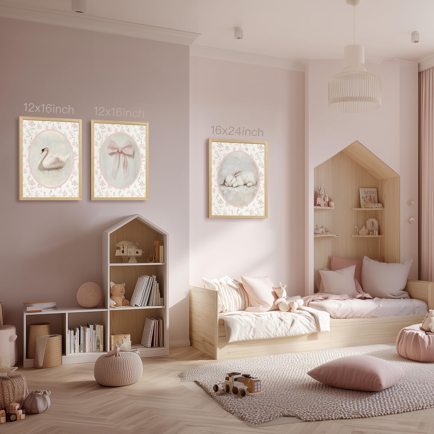 CAZLOUC Pink Nursery Wall Art Set of 3, Pink Bow Baby Girl Wall Decor, Cute Animal Rabbit Swan Poster Prints, Vintage Floral Canvas Artwork for Kid’s Room Bathroom Bedroom Wood Framed 12x16 Inch