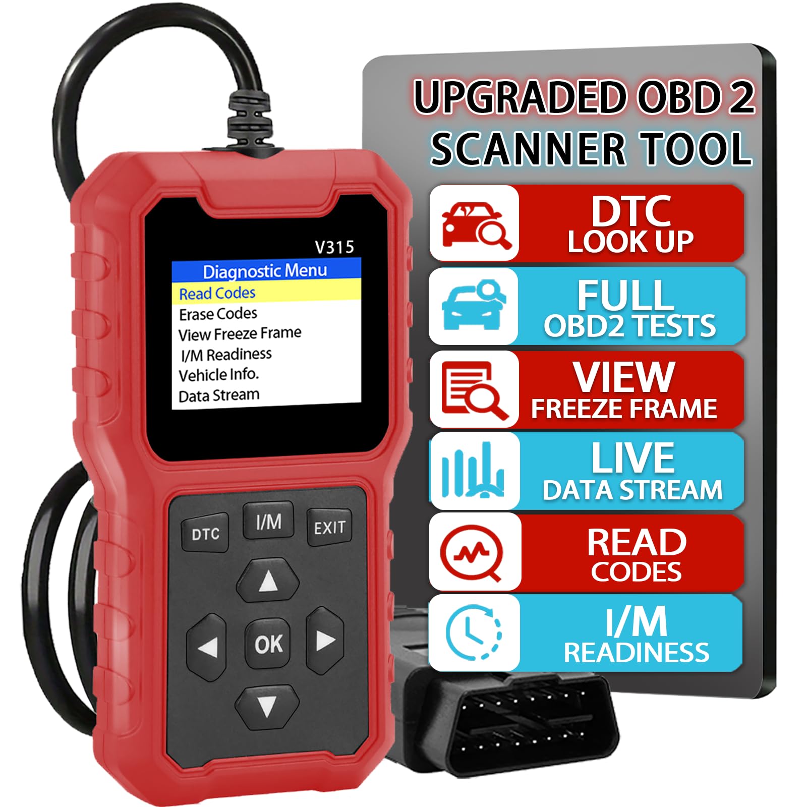V315 Narzędzie diagnostyczne OBD2, czytnik kodów, narzędzie diagnostyczne światła silnika, tester napięcia akumulatora, do samochodów osobowych i ciężarowych OBD2 od 1996 roku