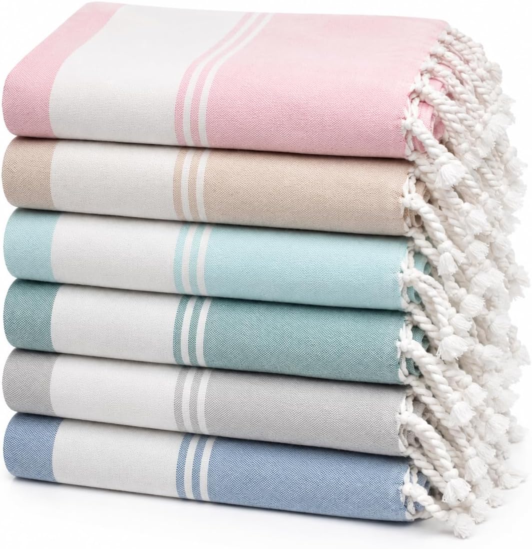 Cotton Turkish Beach Towel with Towels Oversized 36"x72" Pool Absorbent Extra Large Quick Dry Sand Travel Towel (Mix, 6 Pack)