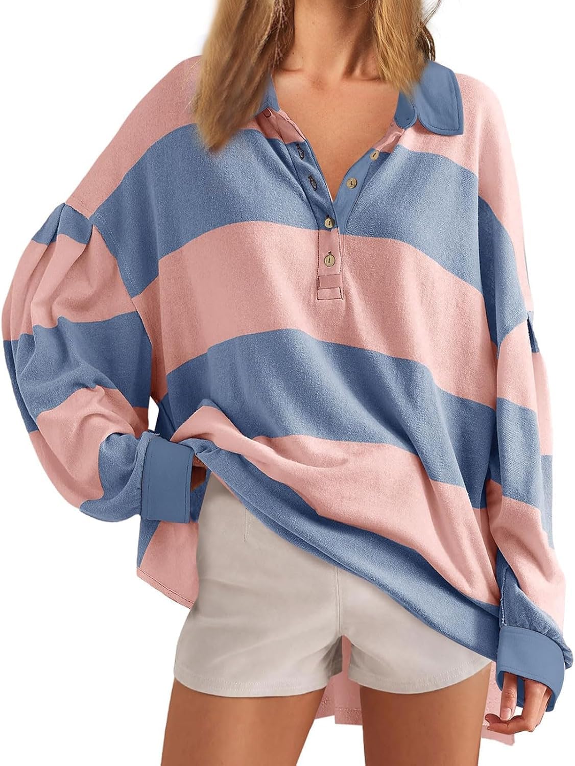 Women’s Oversized Striped Polo Sweatshirt - Y2K Color Block Loose Fit Long Sleeve V Neck Lapel Collared Pullover Tops Casual Fall Henley Rugby Shirt Preppy Style T-Shirt Outfits (XX-Large,01#pink)