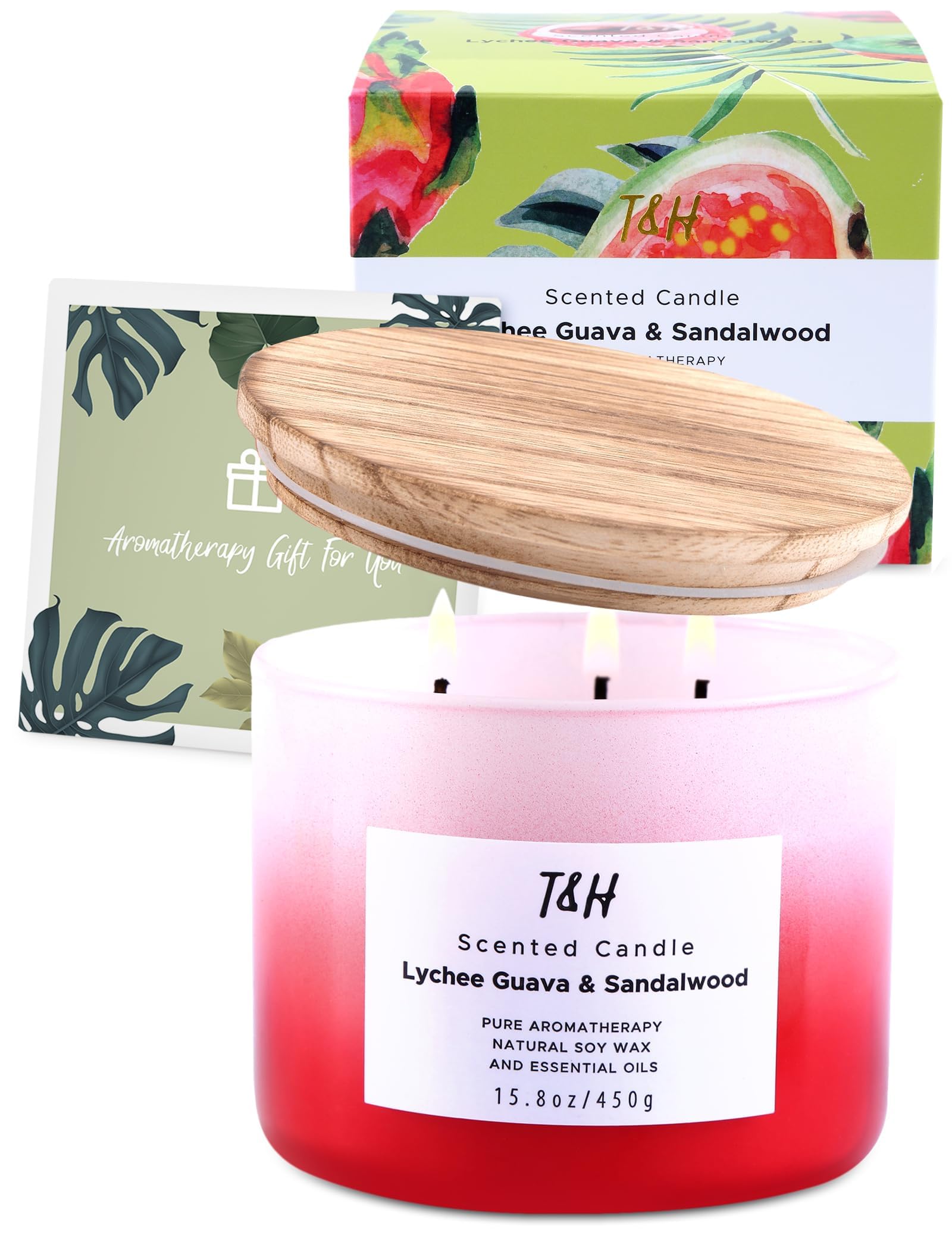 Lychee Guava e Sandalo Candela per la casa, candela di soia naturale a 3 stoppini, candela calmante per aromaterapia, regalo per donne e uomini, candela rilassante grande da 450 ml, altamente