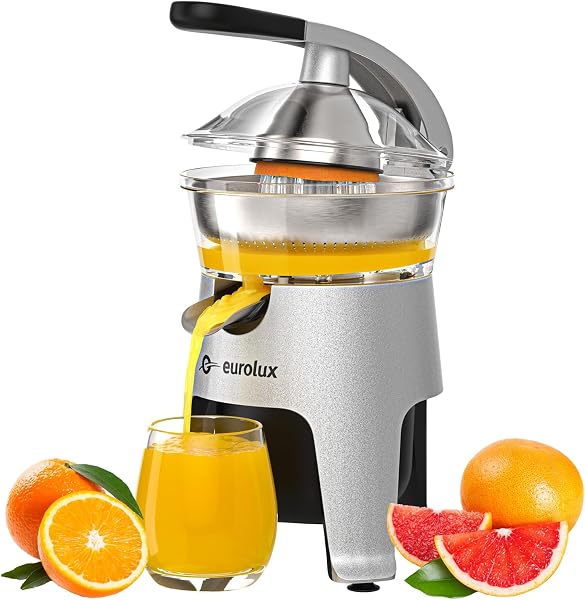 Eurolux Die Cast Stainless Steel Electric Citrus Juicer Squeezer, for Orange, Lemon, Grapefruit | 300 Watts of Power, Wi