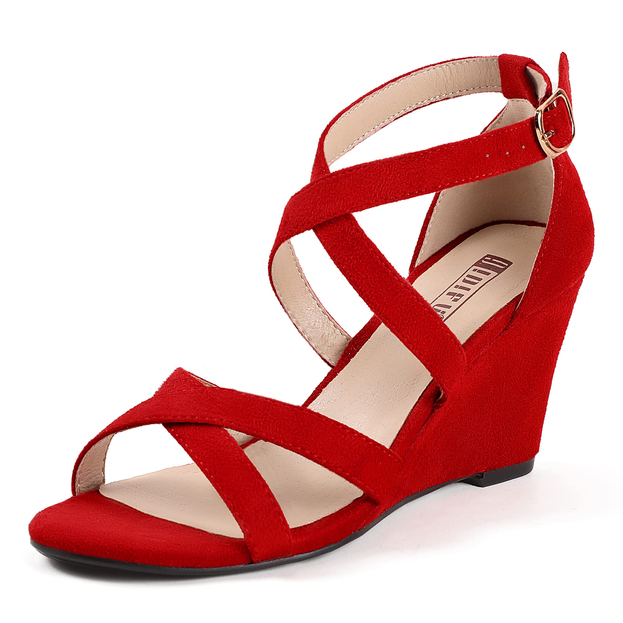 Photo 1 of IDIFU Women's 3 Inch Strappy Wedge Sandals for Women Open Toe Wedges Shoes for Women Dress Sandals for Women for Wedding Bridal Evening Prom 10 Red Suede