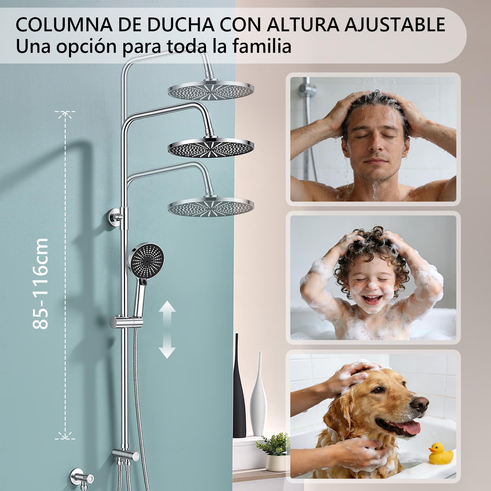 Kit de ducha sin grifería ajustable en altura Ducha de lluvia redonda 26 cm y ducha de mano 3 chorros Acero inoxidable instalación rápida