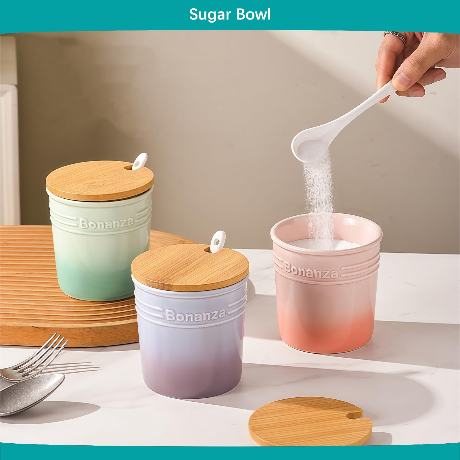 Sucrier avec couvercle et cuillère, lot de 3 pots de rangement, récipient à sucre, pot à sucre, sucrier (A)