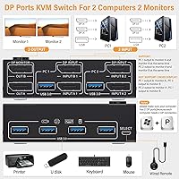 Vista 2 de Displayport KVM Switch 2 Monitores 2 Computadoras, 8K @60Hz 4K @120Hz DP USB 3.0 KVM Switch para 2 computadoras Comparte 1 monitor y 4 puertos USB