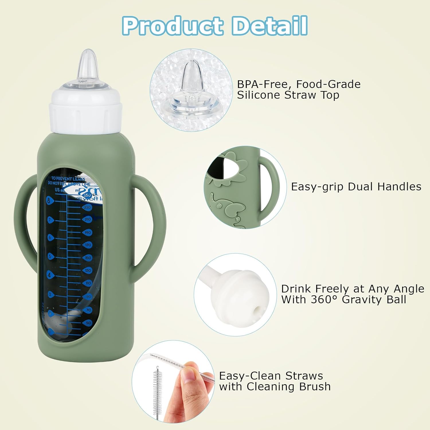 Sippy Straw Cup Conversion Kit with Silicone Sleeves for Dr. Brown's Narrow Glass Baby Bottle 8oz,Weighted Straw Replacement Kit with Soft Sippy Spout and Handle,6m+,Set of 3 - Image 3