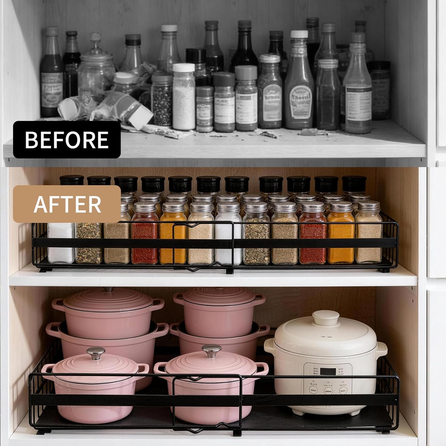 2 Pack Expandable Pull out Cabinet Organizer, Width (13"-21") Depth (16"-26") Pull Out Drawers for Cabinets, Upgrade 3 Slide Rails Slide Out Drawers, No Drill Adjustable Roll Out Shelves (Black)