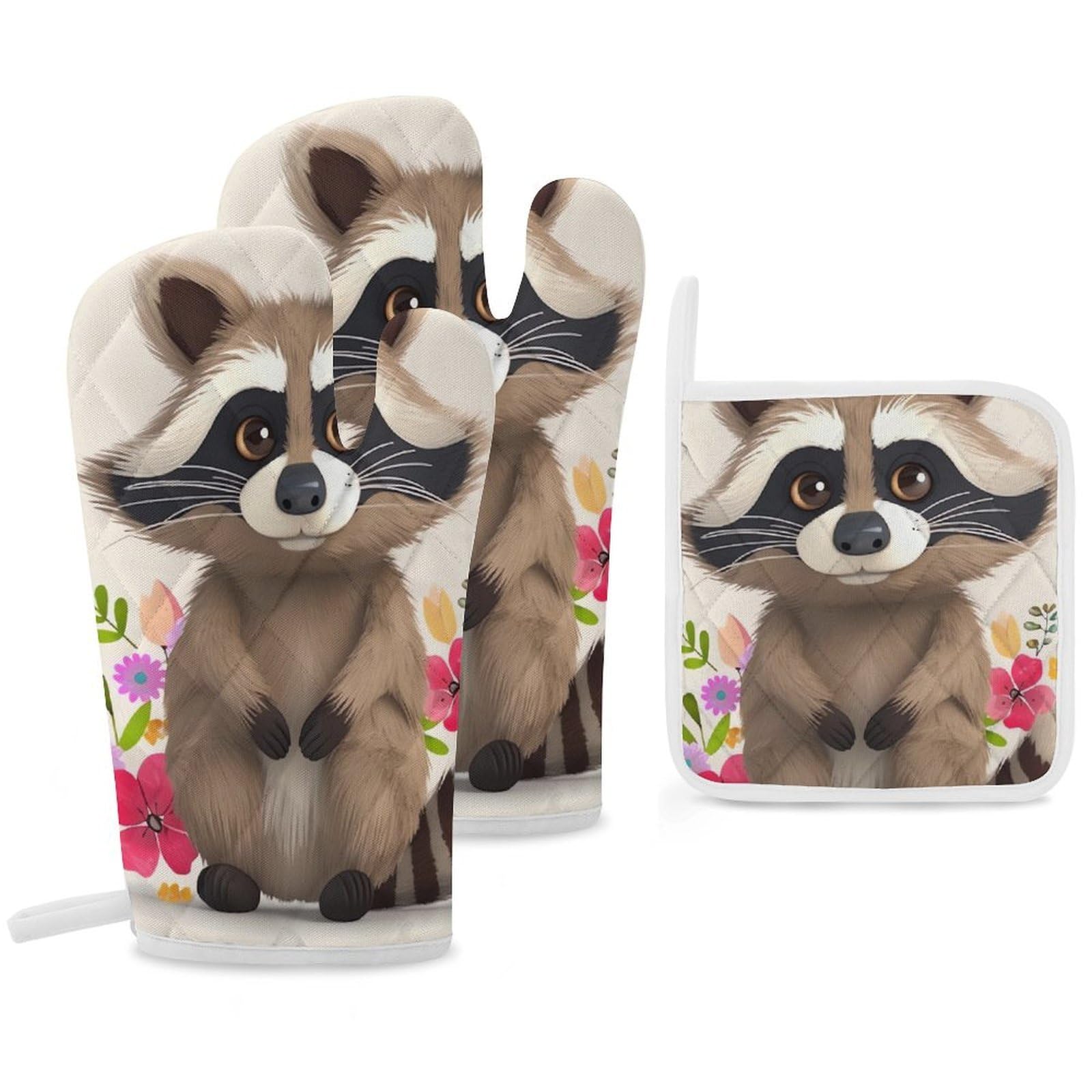 Oven Mitts and Pot Holders Set of 3 Heat Resistant Non-Slip Kitchen Gloves Hot Pads Raccoon Mittens Gloves Non-Slip Potholders for Cooking Baking Grilling BBQ