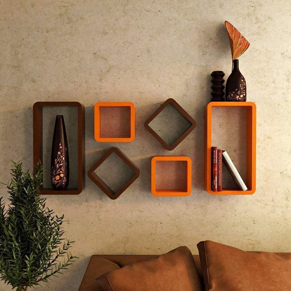 Buy MDF Cube and Rectangle Wall Shelf (Orange and Brown) Set of 6