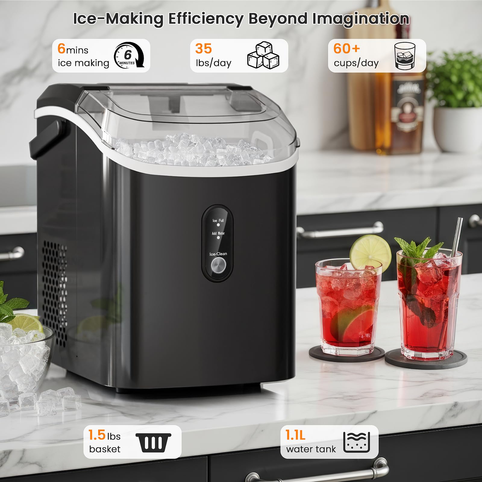 Soft Chewable Nugget Ice Maker, 35lbs/24hrs, Self-Cleaning Countertop Pebble Ice Machine With Basket & Scoop For Home, Bar, Or Entertaining,Black on Fridge.com - View 3