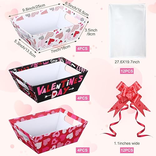 Miniatura 2 de Tatuo Juego de 12 cestas de San Valentín para regalos vacías con bolsas de celofán, bandeja de mercado de corazón de San Valentín, lazos, kit de