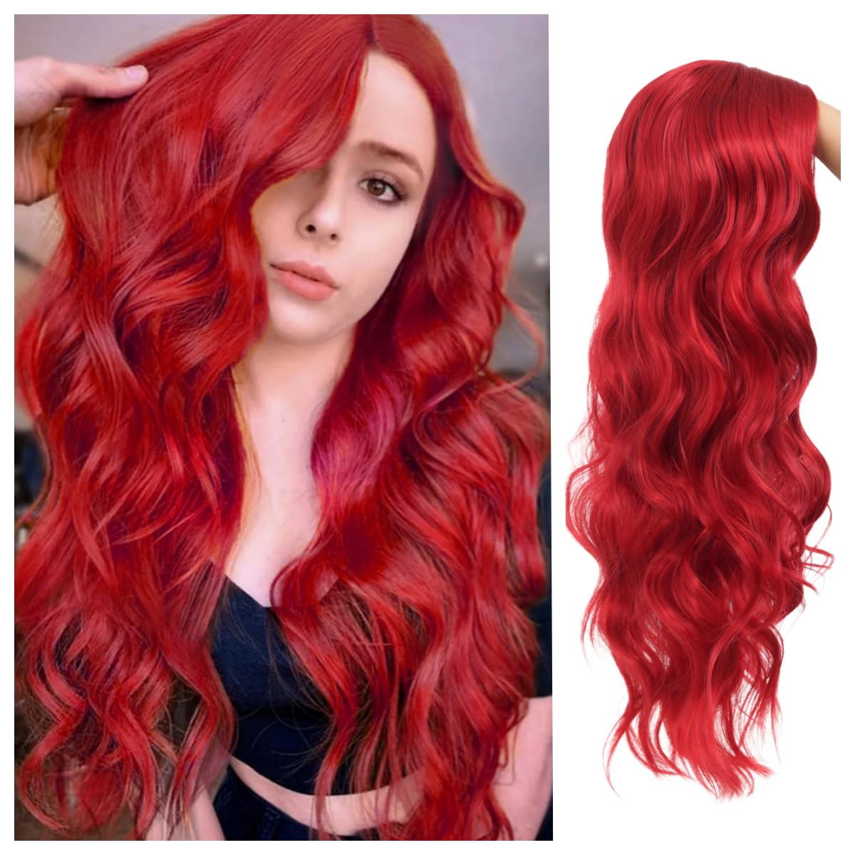 Amnenl Red Long Curly Wavy Wigs for Women Natural Looking Heat Resistant Hair Wig for Halloween Party Use
