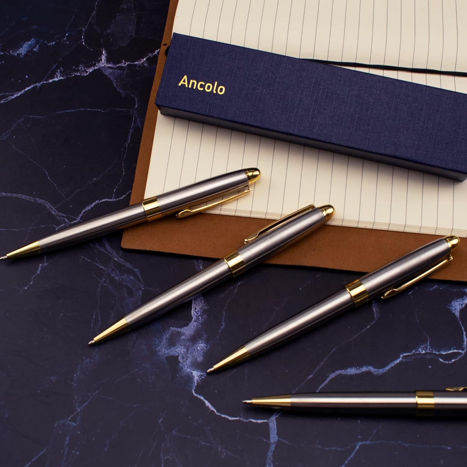 Ancolo Personalized Luxury Ballpoint Pen Writing Set-Stainless Steel Fancy pens Custom with Your Name or Message, Perfect for Students/Teacher/Manager/Lawyer/Professor 5PCS/Pack