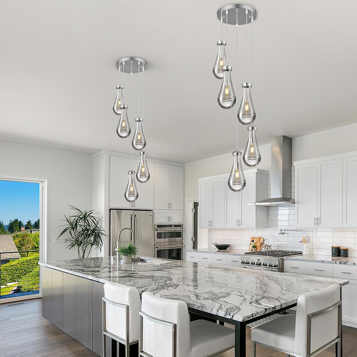 Raindrop Pendant Lights Kitchen Island Teardrop Chrome Hanging Light Fixtures Clear Solid Glass Pendant Light Modern Chandeliers for Dining Room Porch Corridor Living Room(5-Light)