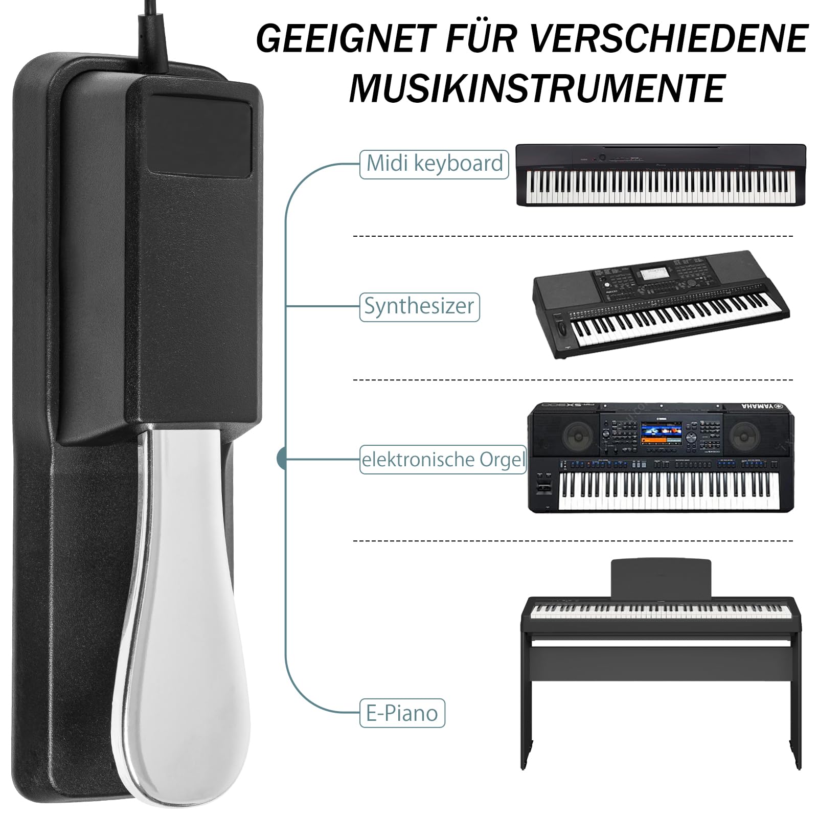 OUUTMEE e-piano Pedal für Universal Keyboard Piano, Keyboard Pedal langlebiges Edelstahlpedal für aller Klavier, Digitalpiano MIDI-Keyboard ​mit Polaritätsschalte