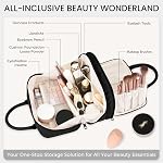 Sac de maquillage de voyage pour les femmes Mode Grande capacité Poche ouverte plat Cosmétique Portable Organisateur Imperméable Grande ouverture Sacs de toilette Vertical Free-Standing Brush Holder for Easy Access Black