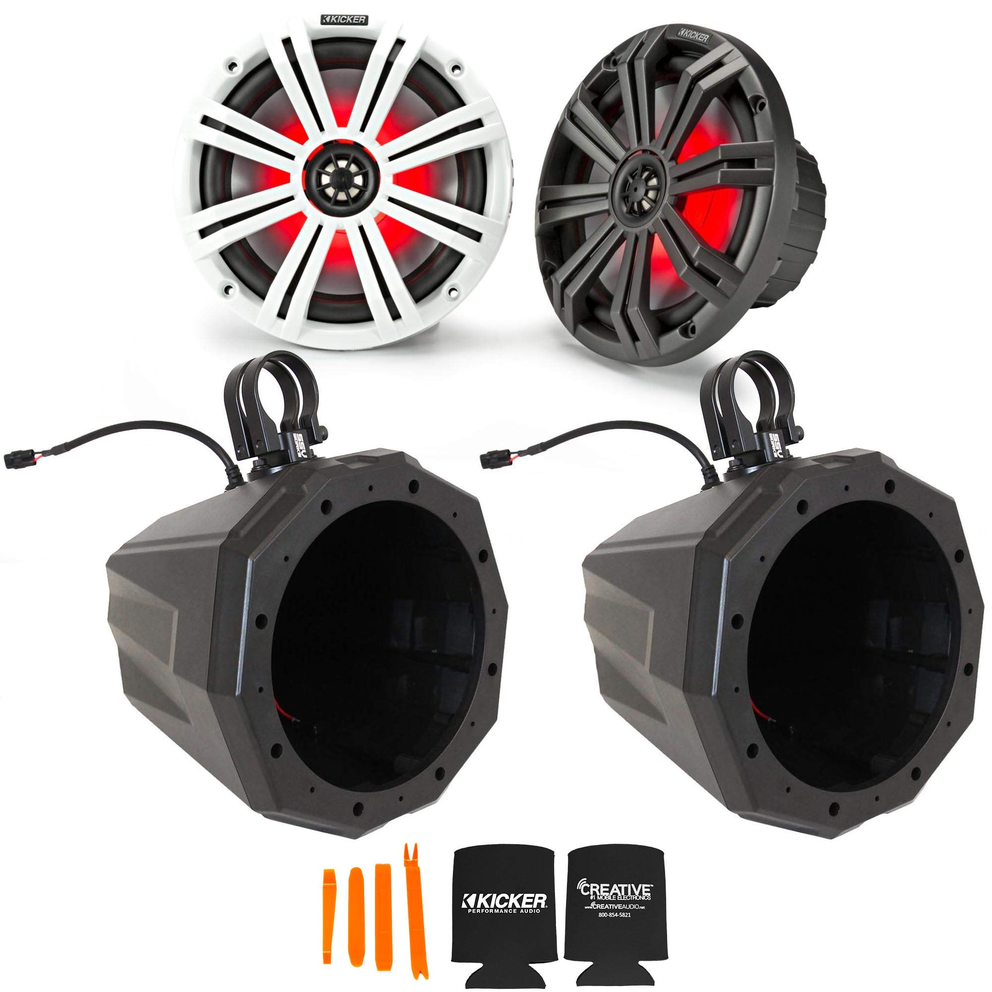 KICKER 45KM84L 8" RGB LED Marine Speakers with SSV US2-C8 Universal 8-inch Cage Mount Speaker Pods Including 1.85" Dual Clamps