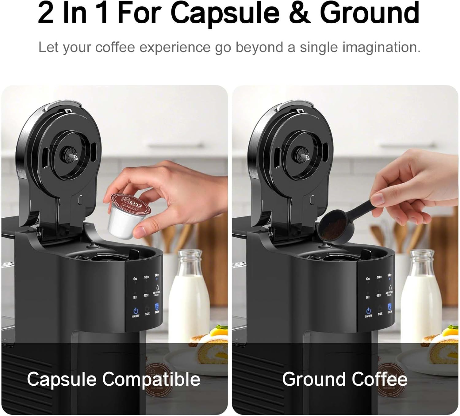 Kndko Single Serve Coffee Maker for Capsule and Ground Coffee, 6 to 14oz Brew Sizes, 40oz Removable Reservoir, Fast Brew, Compact Design, Travel Mug Friendly, Black