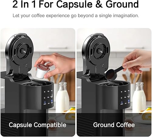Miniatura 4 de Kndko Cafetera de una sola porción para cápsulas y café molido, tamaños de preparación de 6 a 14 onzas, depósito extraíble de 40 onzas, preparación