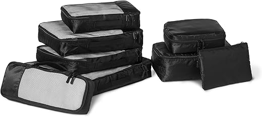 Amazon Essentials Set of 4 Travel Cubes Luggage Organizer with Double Zipper, Mesh Top, Black/White, Ultra-light compression.