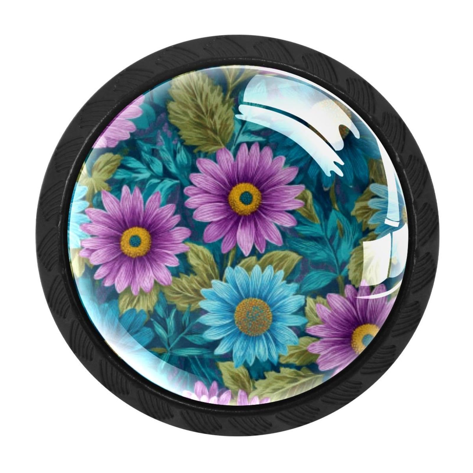 CHENZZZZ 4 Pieces Kitchen Cabinet Knobs Farm Teal Daisy Floral Drawer Knobs Dresser Knobs Drawer Pulls Door Knobs Dresser Drawer Handles Knobs for Dresser Drawers