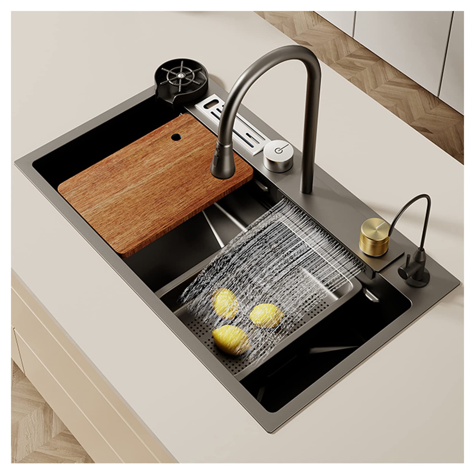 SDdPulse Single Bowl Kitchen Sink with Rain Falls and Pull Down Tap on Top or Under Mount Stainless Steel, Grey, 68 x 45 cm