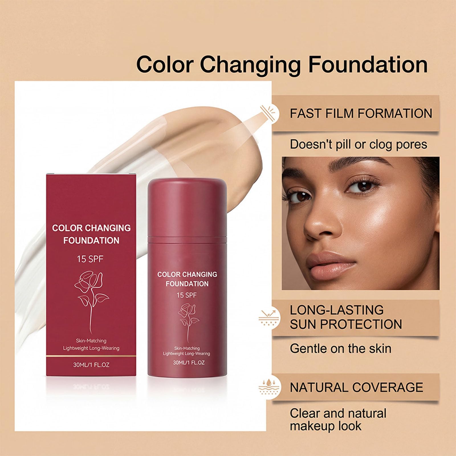 Foundation Korean, Color Changing Foundation, Flawless Color Changing Foundation Makeup Base Moisturizing Liquid, Natural Moisturizing Concealer, Sunscreen for All Skin Types (1PCS) — view 5