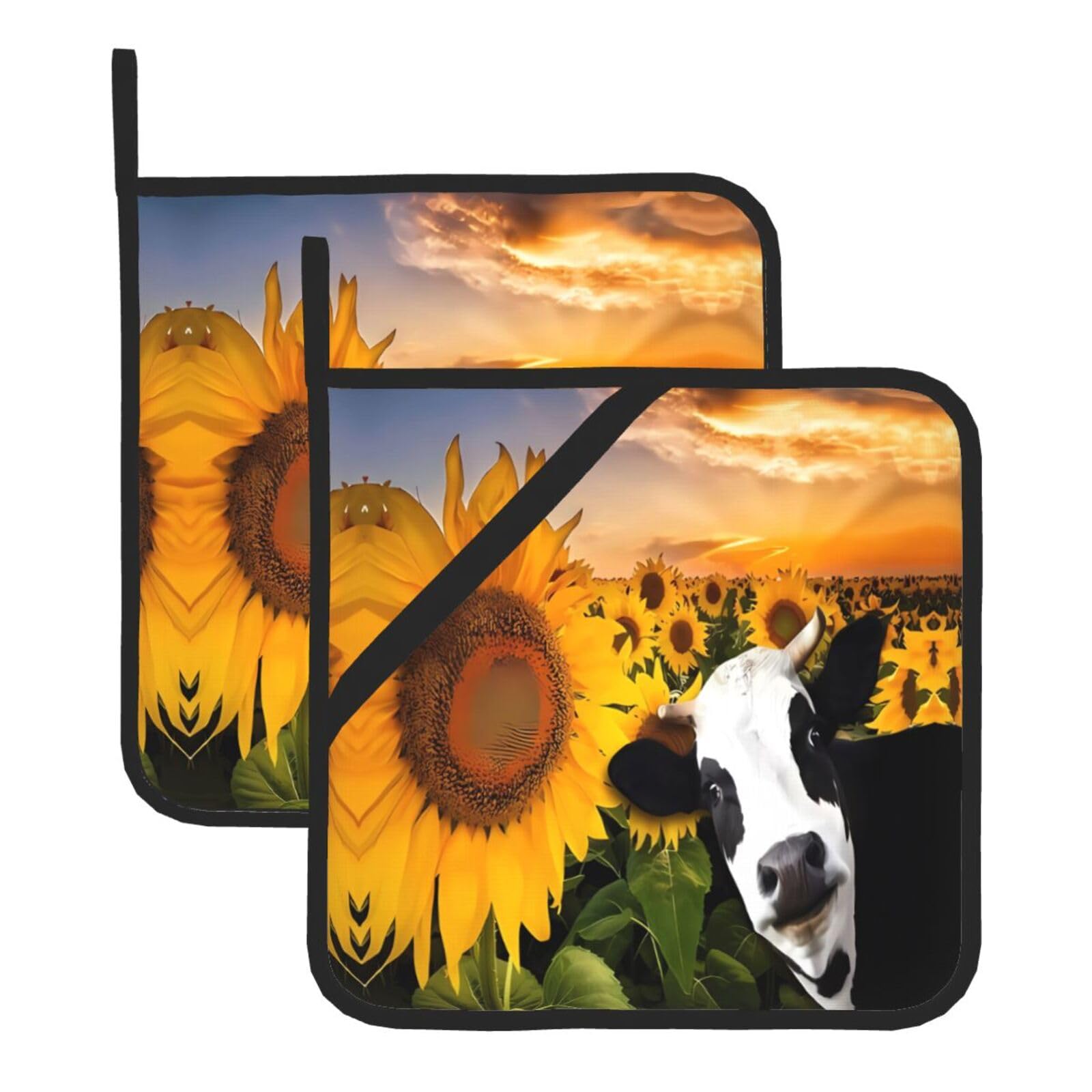 WHJSHOP Sunflower and Cow Prints Square Hot Pads for Kitchen Counter - Thick Heat Resistant Trivets for Microwave & Oven, BBQ Grilling Cover (2 Pack)