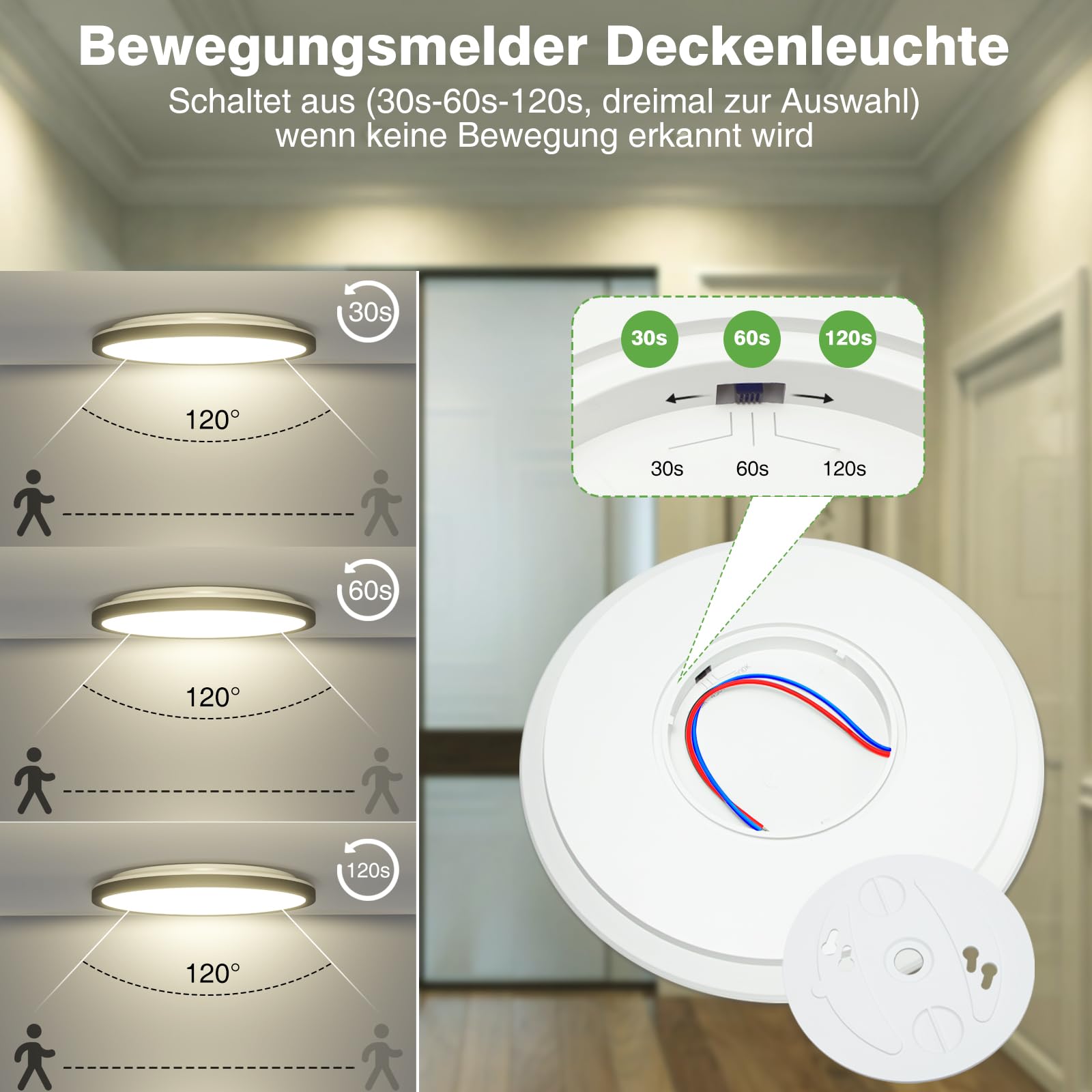 zemty Lampa sufitowa LED z czujnikiem ruchu 19 W, 4000 K, płaska lampa z czujnikiem ruchu wewnątrz, 22 cm, 1800 lm, okrągła lampa sufitowa, czujnik ruchu, IP44, lampa ścienna na balkon, piwnicę,