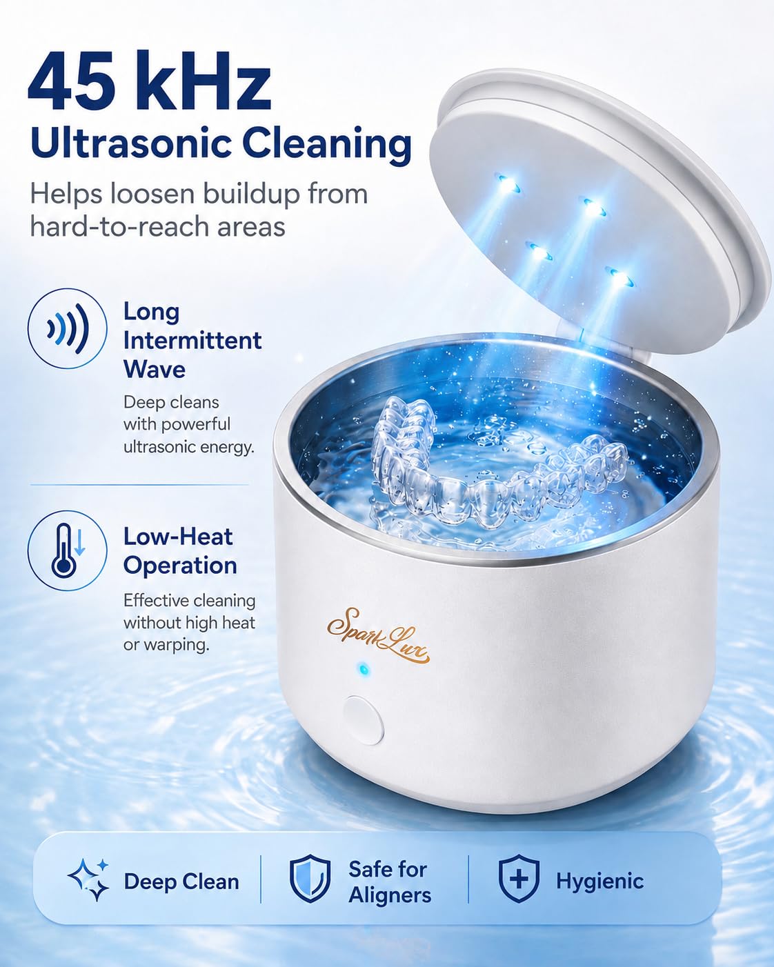 SparkLux Nettoyeur à ultrasons pour aligneurs, dispositifs de retenue et protège-dents | Nettoyeur rechargeable avec lumière UV et panier amovible | 45 kHz