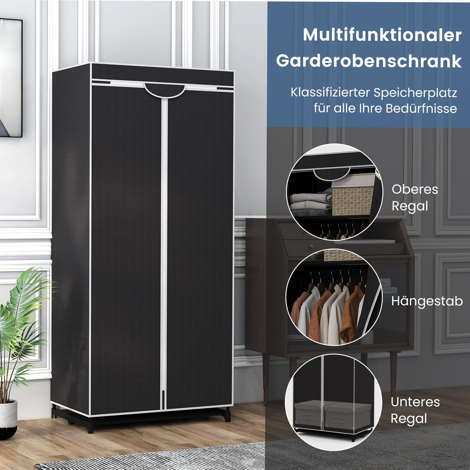 GOPLUS Kleiderschrank Stoff, Stoffschrank mit Reißverschluss & Kleiderstange, Stoffschrank Stoffkleiderschrank klappbar für Schlafzimmer, 74 x 50 x 172cm (Schwarz)