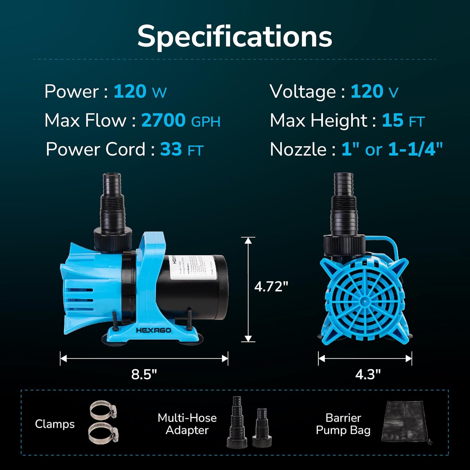 2700GPH Submersible Water Pump, 120W Water Pond Pump with Barrier Bag, 33FT Power Cord, 15FT Lift Quiet Water Garden Pumps for Pond, Waterfall, Fountains, Fish Tank and Hydroponic, UL Listed