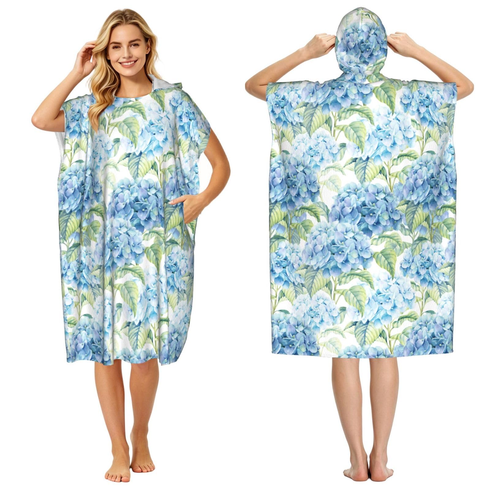 Poadnly Hydrangea Watercolor Printed, Adult Hooded Beach Towel 90 x 110 cm,Changing Bath Robe, Surf Poncho Towel For Women Men
