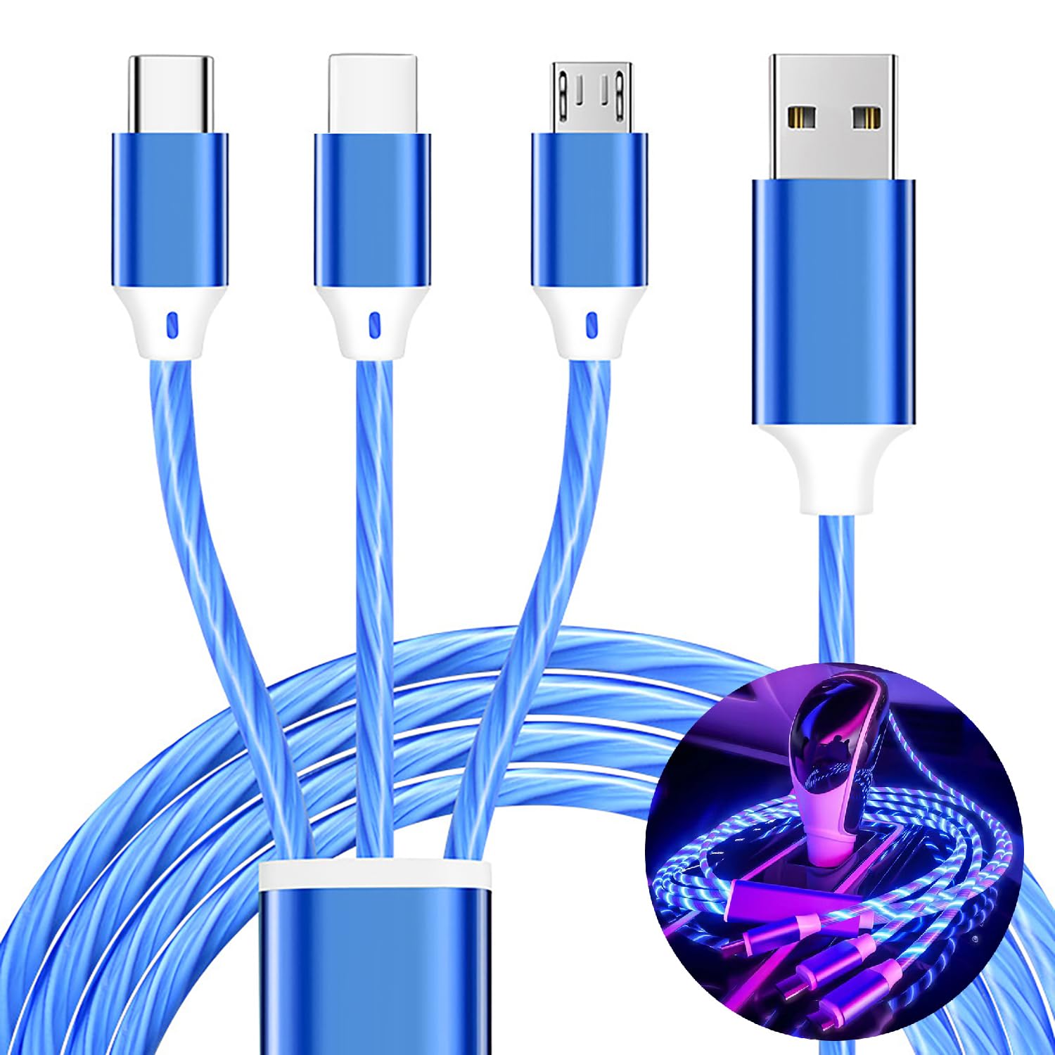 3 in 1 Light up Charging Cable,Multi LED Charging Cable,Light Up Charger Cord,3A USB Cable,Compatible with Most Smart Phones