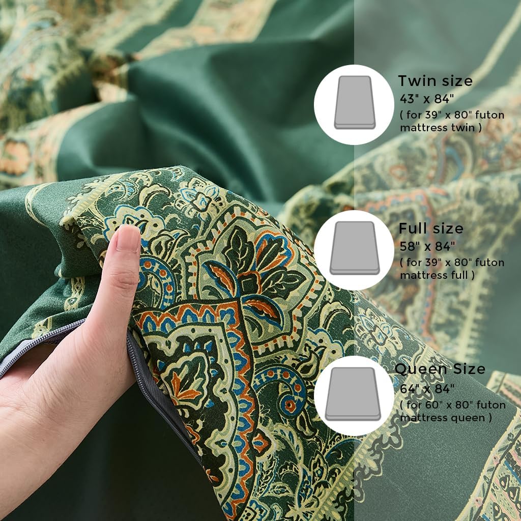 Zelladorra Anti-Slip Futon Mattress Cover Twin Size, Japanese Floor Mattress Cover with Zipper, Machine Washable (Bohemian Green)