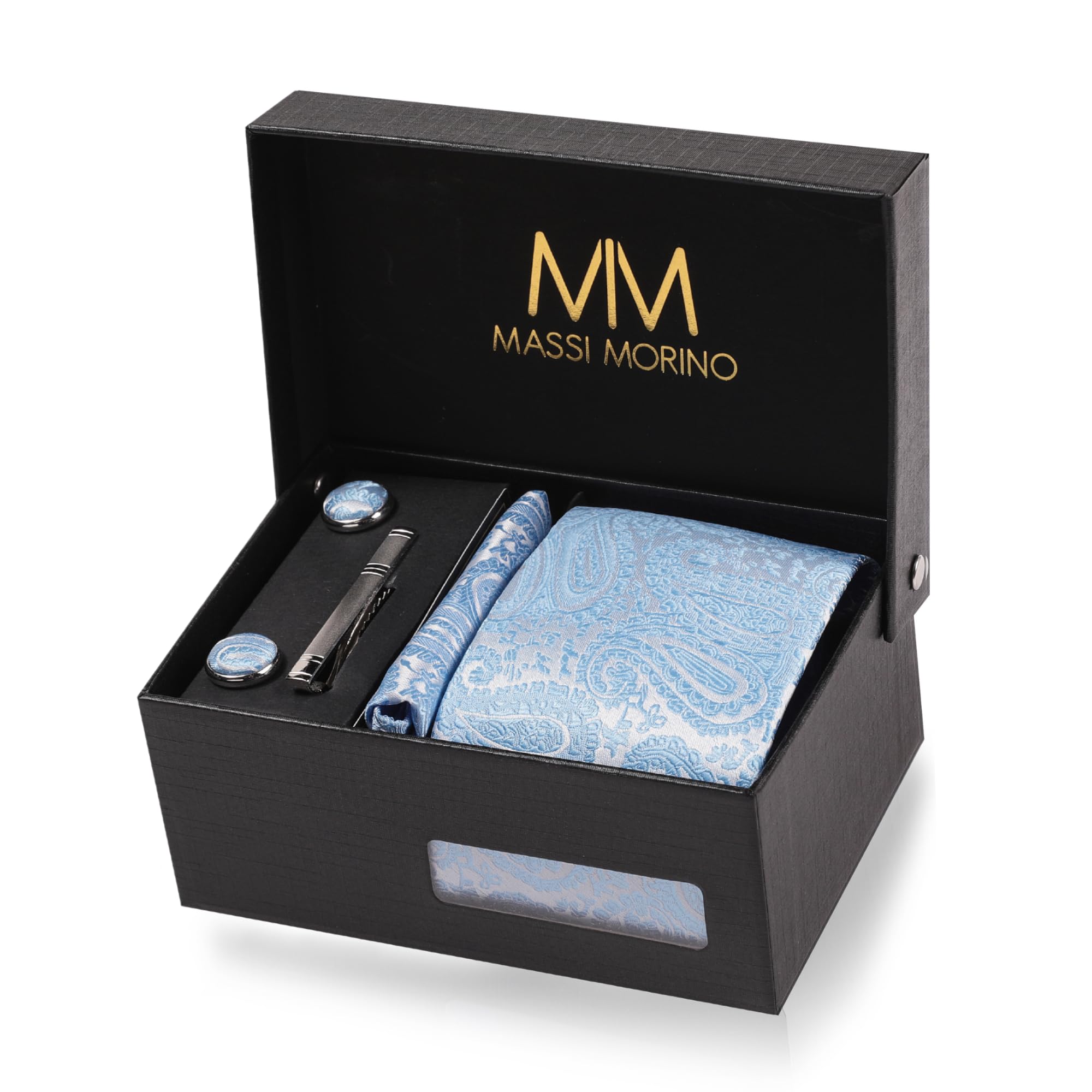 Massi Morino Krawatte Paisley Hellblau mit Einstecktuch Set Herren